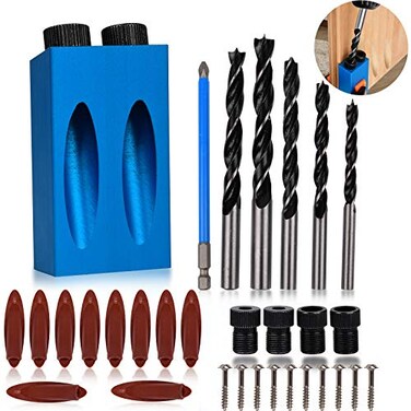 Eschen 34 Pcs Pocket Hole Jig Woodwork Guides Joint Angle Tool 15 Degree Holes Puncher Locator Dowel Jig Kit Hole Positioning Fixture with Screws Spring Clip 6810mm Drill Drive Adapter for Carpentry