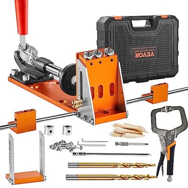 VEVOR 34 Pcs Pocket Hole Jig Kit Adjustable Versatile Pocket Hole Jig with Toolbox11 Cclamp Fixture Step Drills Wrenches Drill Stop Rings Square Drive BitsGifts for Him