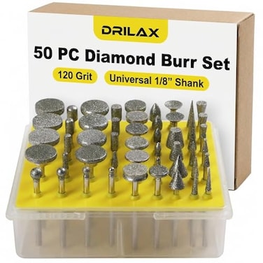 Drilax 50 Pc Diamond Rotary Tool Bits Set 120 Grit Carving Engraving Burr Kit 18 Inch Shank Compatible with Dremel for Stone Rock Glass Ceramics Polishing Shaping