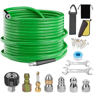Aleiry Sewer Jetter Kit for Pressure WasherWater Jet Drain Cleaning Hose with Corner Rotating Button Spring Nose 14 NPT Sewer Cleaning Tool HighPressure Nozzles5800 PSI 50 FT