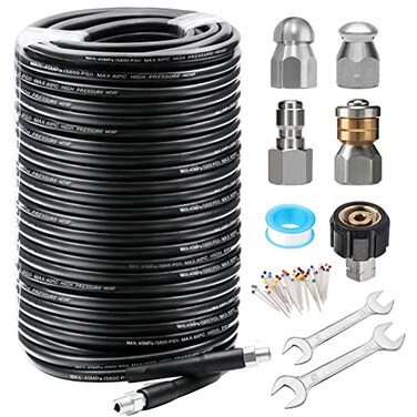 West Bay 200FT Sewer Jetter Kit for Pressure Washer 5800PSI Drain Cleaner Hose 14 Inch NPT Corner Rotating and Button Nose Sewer Jetting Nozzle Waterproof Tape Pearl Corsage Pin with 2Pcs Spanner