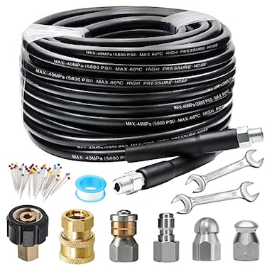 West Bay 70FT Sewer Jetter Kit for Pressure Washer 5800PSI Drain Cleaner Hose 14 Inch NPT Corner Rotating and Button Nose Sewer Jetting Nozzle Waterproof Tape Pearl Corsage Pin with 2Pcs Spanner