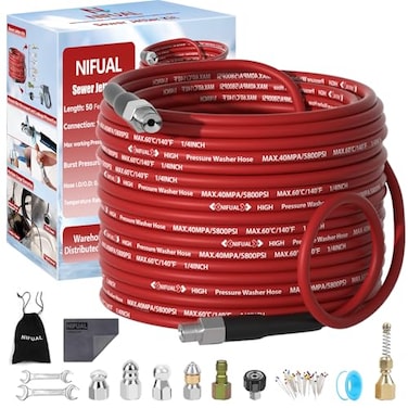 YETIANICAL NIFUAL Sewer Jetter Kit for Pressure Washer50FT 5800PSI Pressure Drain Cleaner 14 Inch NPT Corner Rotating and Button Hose Sewer Jetting Nozzle for Homeowners DIYers 50FT
