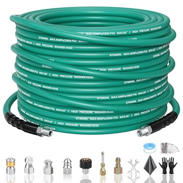 SITIMIMIL 50FT Sewer Jetter Kit for Pressure Washer14NPT Drain Cleaner Hose 5800PSI with Adapter Corner Rotating Button Nose Sewer Jetting Nozzles Kit Pearl Corsage Pin Spanner Waterproof Tape