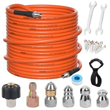 HOSEING 100FT Pressure Washer Sewer Jetter Kit 5800 PSI Water Jet Drain Cleaner Hose with Corner Rotating Button Nose Nozzle Sewer Jetting Nozzles Kit with Spanner Handle Strap