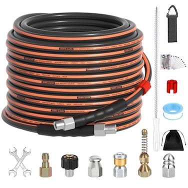 Zebra Clean 50FT Sewer Jetter Kit for Pressure Washer 14 NPT Corner Drain Cleaner Hose 5800 PSI with Sewer Jetting Nozzles Pearl Corsage Pin Waterproof Tape Extension Cord Organizer2 Spanner