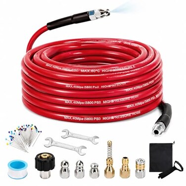 SEPLY Sewer Jetter Kit for Pressure Washer 50FT 5800 PSI Drain Cleaner Hose with 14 NPT Corner Rotating and Button Hose Sewer Jetting Nozzle Waterproof Tape Pearl Corsage Pin Spanner Glove
