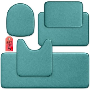 Elvoki 5Piece Bathroom Rug Set Memory Foam Bath Mats NonSlip UltraSoft Water Absorbent Machine Washable Bathroom Rugs Aqua Teal