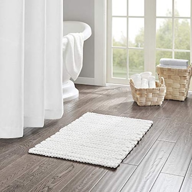 Madison Park Lasso 100 Cotton Chenille Chain Woven Stitch Bathroom Rug Non Slip Absorbent Quick Dry Bath Mat 20x30 White