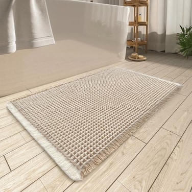 AMOAMI Upgraded Waffle Bath Mat Super Absorbent Non Slip Bath Mats for Bathroom Floor Machine Washable Bathroom Rugs with Tassels Rubber Backed Bathroom Mats Ultra Soft 24 x 36Brown Cream