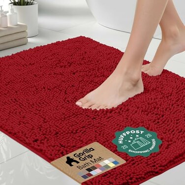 GORILLA GRIP Bath Rug Mat Thick Soft Absorbent Chenille Quick Dry Microfiber Mats Rubber Backing Washable Shower Floor Rugs US Designed Bathroom Bathmat Home Decor Accessories 24x17 Red