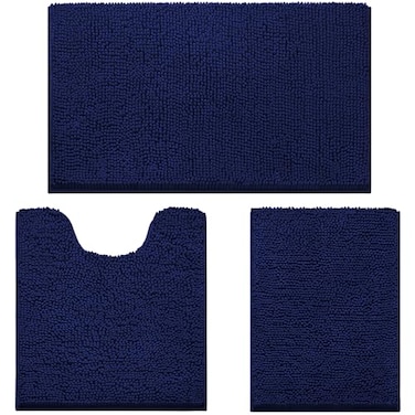 HOMEIDEAS 3 Pieces Bathroom Rugs Ultra Soft Non Slip Absorbent Chenille Toilet Bath Mat Set Navy Blue