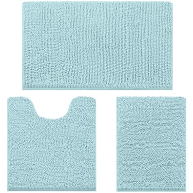 HOMEIDEAS 3 Pieces Bathroom Rugs Ultra Soft Non Slip Absorbent Chenille Toilet Bath Mat Set Light Blue