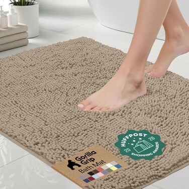 GORILLA GRIP Bath Rug Mat 36x24 Thick Absorbent Chenille Quick Dry Microfiber Mats Rubber Backing Washable Shower Floor Rugs Bathmat Runner US Designed Bathroom Home Decor Accessories Gray Beige