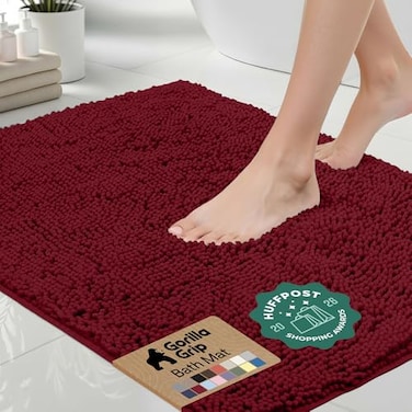 GORILLA GRIP Bath Rug Mat 30x20 Thick Soft Absorbent Chenille Quick Dry Microfiber Mats Rubber Backing Washable Shower Floor Rugs US Designed Bathroom Bathmat Home Decor Accessories Burgundy