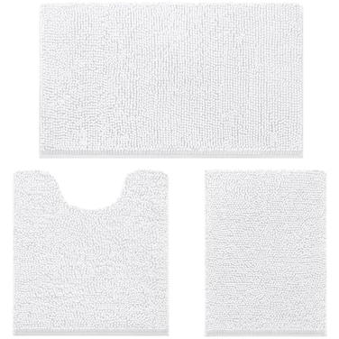 HOMEIDEAS 3 Pieces Bathroom Rugs Ultra Soft Non Slip Absorbent Chenille Toilet Bath Mat Set White