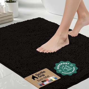 GORILLA GRIP Bath Rug Mat 36x24 Thick Soft Absorbent Chenille Quick Dry Microfiber Mats Rubber Backing Washable Shower Floor Rugs Bathmat Runner US Designed Bathroom Home Decor Accessories Black