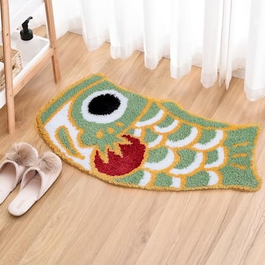 Feblilac Cute Bathroom Rug Soft Green Fish Bath Rugs Japanese Koi Decor Accent Rug Microfiber NonSlip Mat for Tub Shower Room Floor Carpet Machine Wash 177x335