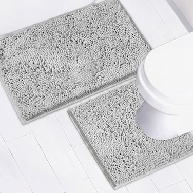 AINAHYVA Bathroom Rugs Chenille Bath mat 2 Piece Set Super Absorbent Strong PVC Non Slip Backing Bath mats for Bathroom Plush Shaggy Thick Machine Washable Bathtub ToiletLight Grey