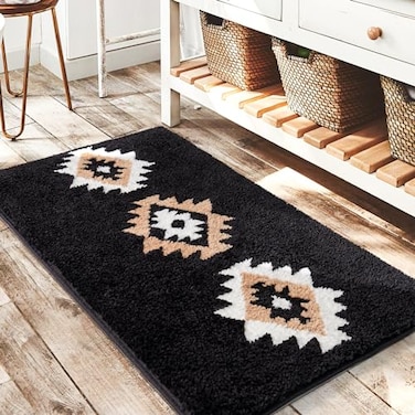 DEXDE Black Bathroom Rugs Mat 20x32 Aztec Boho Bath Rugs Long Western Plush Non Slip Machine Washable Bath Mats Large Luxury Soft Absorbent Modern Carpet for Floor Tub Shower Kitchen Entryway