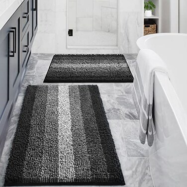 Gibelle Black Bathroom Rug Set 2 Piece Chenille Non Slip Bath Mat Set Absorbent Shower Rug and Bath Room Floor Mats Quick Dry Bathmat Bathroom Decor Accessories for Tub 16 x 24 20 x 32