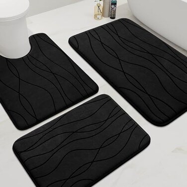 YIHOUSE Memory Foam Black Bathroom Rug Sets 3 Piece Ultra Absorbent Bath Mat for Bathroom NonSlip Machine Washable Dry Quickly 3 Piece Bathroom Mat Set Black