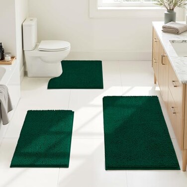 HOMEIDEAS 3 Pieces Bathroom Rugs Ultra Soft Non Slip Absorbent Chenille Toilet Bath Mat Set Dark Green