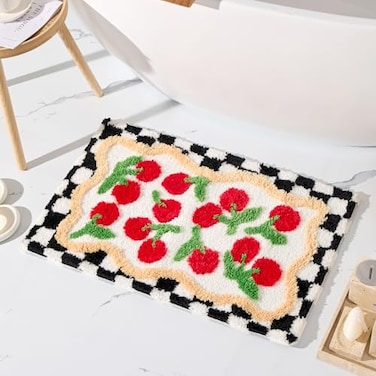 ORTIGIA Cute Checkered Bathroom Rug Red Cherry Bath Mat Soft Microfiber Non Slip Washable Absorbent Rugs for Laundry Sink Floor Decor 20x32 inch