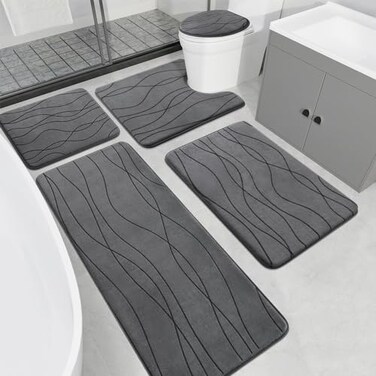 YIHOUSE Memory Foam Grey Bathroom Rug Sets 5 Piece Ultra Absorbent Bath Mat for Bathroom NonSlip Machine Washable Dry Quickly 5 Piece Bathroom Mat Set Dark Grey
