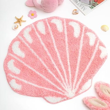 Tinideya Seashell Rug Bathroom Rugs 2 ft Shell Bath Mat Preppy Rug for Sea Room Decor Cute Ocean Beach Carpet Machine Washable Non Slip Absorbent Bath Mat Pink