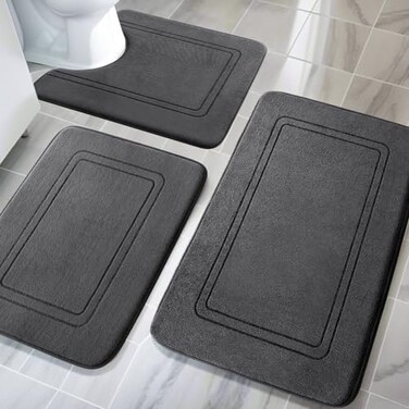 YIHOUSE Memory Foam Bath Mat Set Non Slip Bath Mats for Bathroom Super Soft and Water Absorbent Bath Rug Set Machine Washable U Shape Toilet Mats Dark Grey