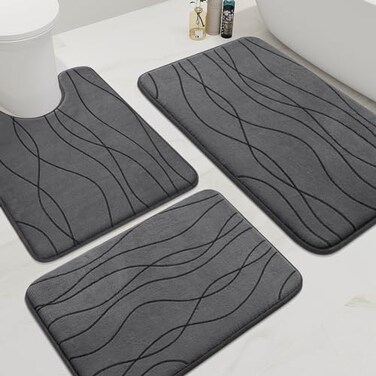 YIHOUSE Memory Foam Bathroom Rug Set 3 Pieces Dark Grey Ultra Soft Absorbent NonSlip Machine Washable
