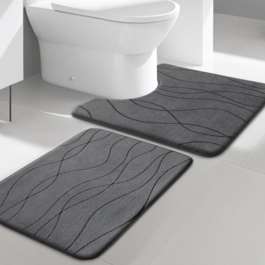 YIHOUSE Memory Foam Grey Bathroom Rug Sets 2 Piece Ultra Absorbent Bath Mat for Bathroom NonSlip Machine Washable Dry Quickly 2 Piece Bathroom Mat Set Dark Grey
