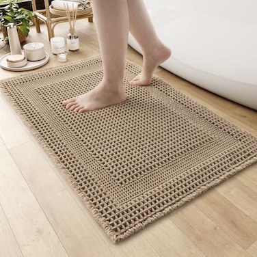 AMOAMI Waffle BathMat Absorbent Bath Mats for Bathroom Non Slip Machine Washable Bathroom Rugs with Tassels Ultra Soft Boho Bath Rugs for Floor 18x30 Beige