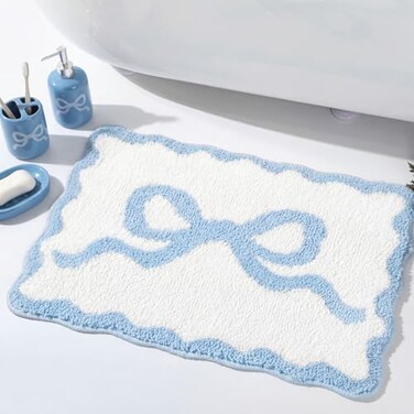 Tinideya Blue Bow Bathroom Rug 16 x 24 Scalloped Bow Bath Mat Non Slip Cute Coquette Aesthetic Carpet Preppy Room Decor Microfiber Absorbent Mat for Bathtub Shower Bedroom Gift