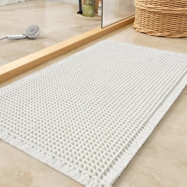tchdio Waffle Bath Mat Rug Super Absorbent Non Slip Bath Mats for Bathroom Mat Ultra Soft Bathmat Machine Washable Bath Rugs with Tassels Bath Rugs for Bathroom Floor Beside Tub 17 x 24 White