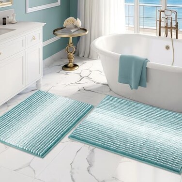 BSICPRO Bathroom Rugs and Mats Sets 2 Piece Thick Absorbent Chenille Bath Mat Rug Set Non Slip Soft Shaggy Bath Room Floor Mats for Bathroom Machine Washable Aqua Green 20 x 32 Plus 16 x 24