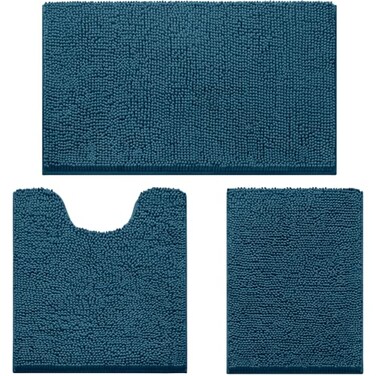 HOMEIDEAS 3 Pieces Bathroom Rugs Extra Large Ultra Soft Non Slip Absorbent Chenille Toilet Bath Mat Set Atlantic Blue