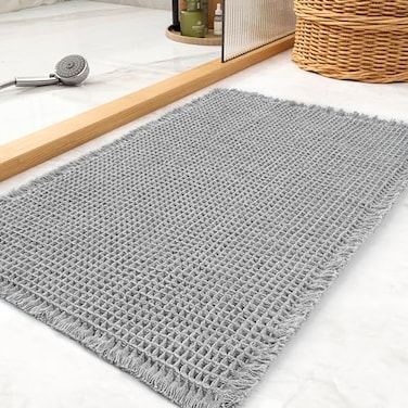 tchdio Waffle Bath Mat Rug Super Absorbent Non Slip Bath Mats for Bathroom Mat Ultra Soft Bathmat Machine Washable Bathroom Rugs with Tassels Bath Rugs Beside Tub 17 x 24 Light Grey