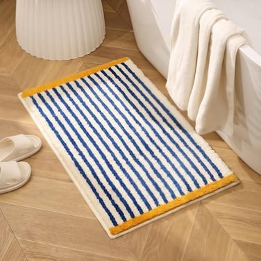 GIB cleaningtool GIB Bathroom Rugs Mat 32 x 20 Extra Soft Absorbent Plush Fluffy Bath Rugs NonSlip Washable Bath Mats for Bathroom Floor Shower Home Decor Accessories Blue White Striped with Yellow Ac