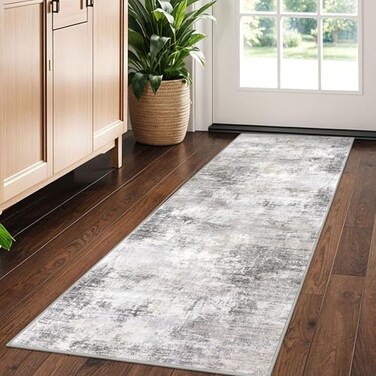 IOHOUZE Abstract Runner Rug 2x5 Ft Washable Runners for Hallways Non Slip Kitchen Runner Printed Faux Wool Entryway Runner Indoor Modern Abstract Floor Carpet for Hall Kitchen Bedroom Grey Beige
