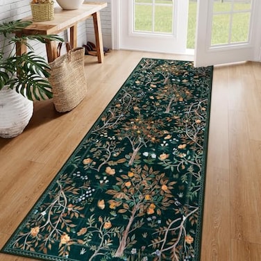 Morebes Boho Floral 2x6 Kitchen Runner Rug Washable Hallway Rug Runner Non Slip Soft Botanical Flower Indoor Floor Carpet Runner for Bathroom Entryway Laundry Room Dark Green