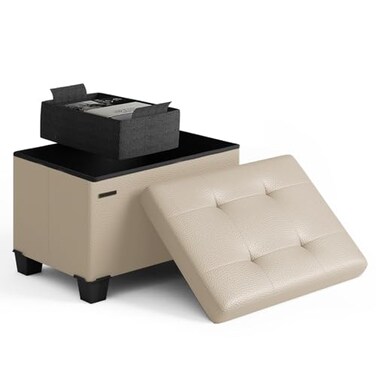 STORAGEBUD Storage Ottoman Cube with Small Bin 16in Square Ottoman with Storage for Living Room and Bedroom Small Ottomans Foot Rest Leather Foot Stools Ottomans Max 330lbs Beige