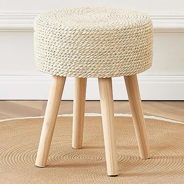 Cpintltr Footstool Ottoman Round Natural Seagrass Foot Stool Pouf Ottomans with Solid Wood Legs Hand Weave Footrest Step Stool for Living Room Bedroom Balcony Garden Natural