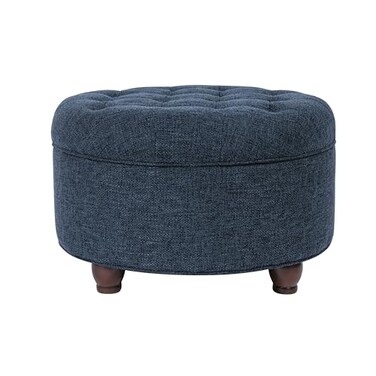 Homepop Home Decor Large Button Tufted Woven Round Storage Ottoman for Living Room Bedroom Navy Woven 25 inch D x 25 inch W x 15 inch H