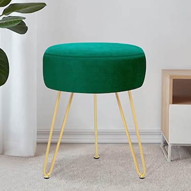YOONIC Velvet Soft Modern Vanity Footstool Round Footrest Stool Ottoman Side Table Seat Dressing with Golden Metal Leg and Sponge FillingUpholstered Foot Rest for Living Room and Bedroom Teal