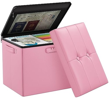DocSafe Storage Ottoman Foot Rest Stool with Lock Handles Fireproof Folding Leather Footstool Bench with Storage Safe for Living Room Bedroom Home Office Dorm 17x13x13in Pink