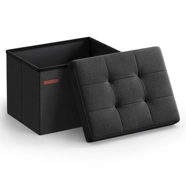 SONGMICS MAZIE Collection Small Folding Storage Ottoman Foot Rest Stool 122 x 161 x 122 Inches 286 lb Load Capacity for Living Room Bedroom Home Office Dorm Ink Black ULSF102B01
