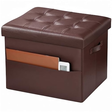 Bsketa Storage Ottoman Foot Rest Stool Small Leather Storage Ottomans Bench Folding Foot Stool with Handles Lid Foot Rest Under Desk for Living Room Bedroom 17x13x13 in Brown