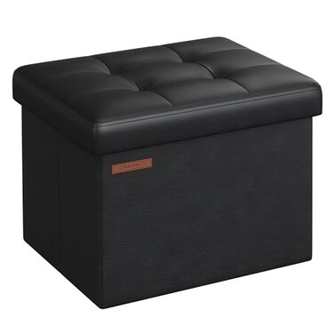 SONGMICS Small Folding Storage Ottoman Foot Rest Stool Cube Footrest Synthetic Leather 122 x 161 x 122 Inches 286 lb Capacity for Living Room Bedroom Dorm Ink Black ULSF100B01